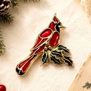 Vintage Stained Glass Style Poured Enamel Cardinal Brooch